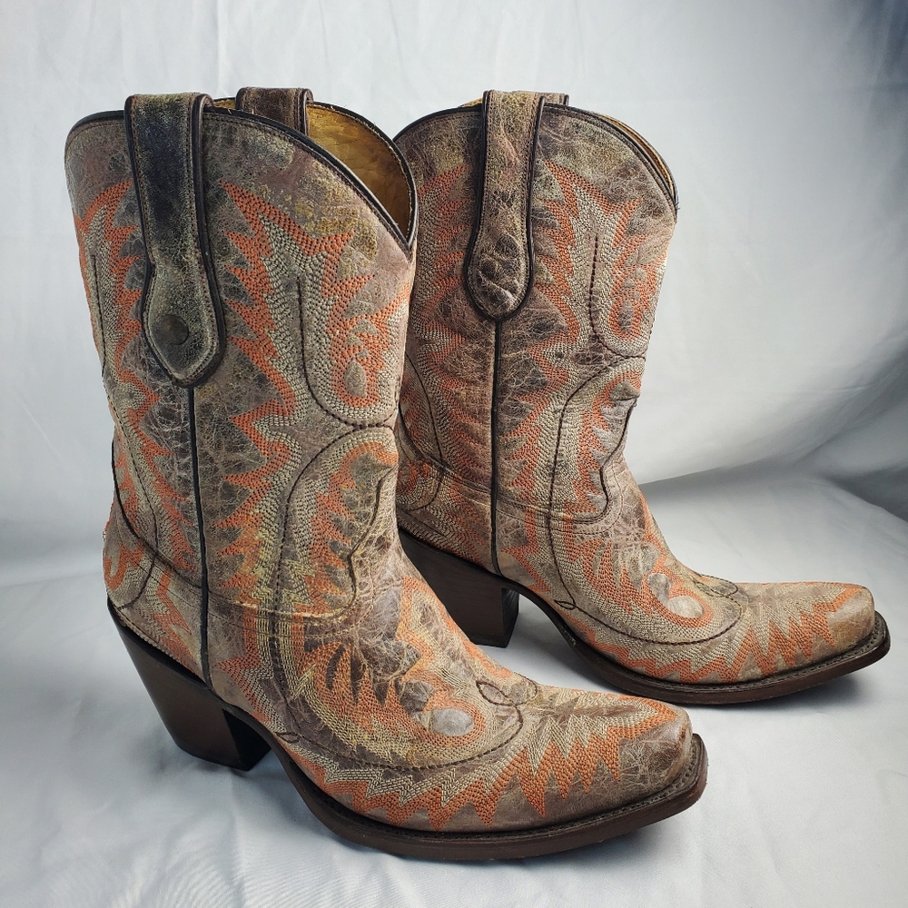 Corral Western Cowboy Boots with Orange and Brown Pattern Size 7 - Picture 4 of 10